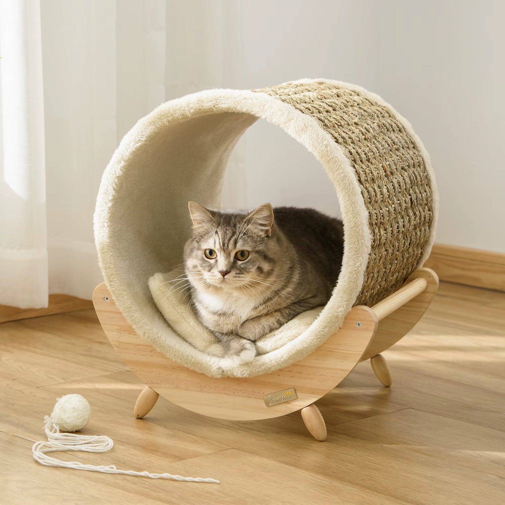 Cozy Elevated Kitten Bed & Scratcher - Beige 41x38x43 cm