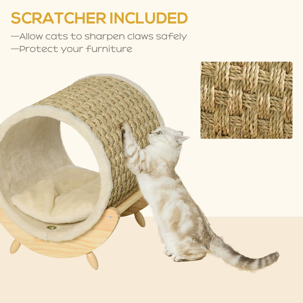 Cozy Elevated Kitten Bed & Scratcher - Beige 41x38x43 cm